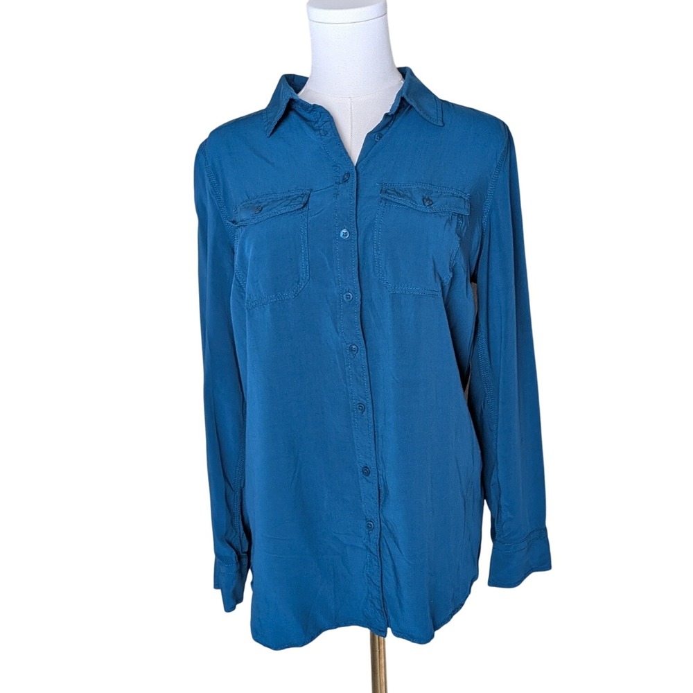 Talbots Petites Teal‎ Button Front Shirt Size MP Soft Drapey Long Sleeve Blouse